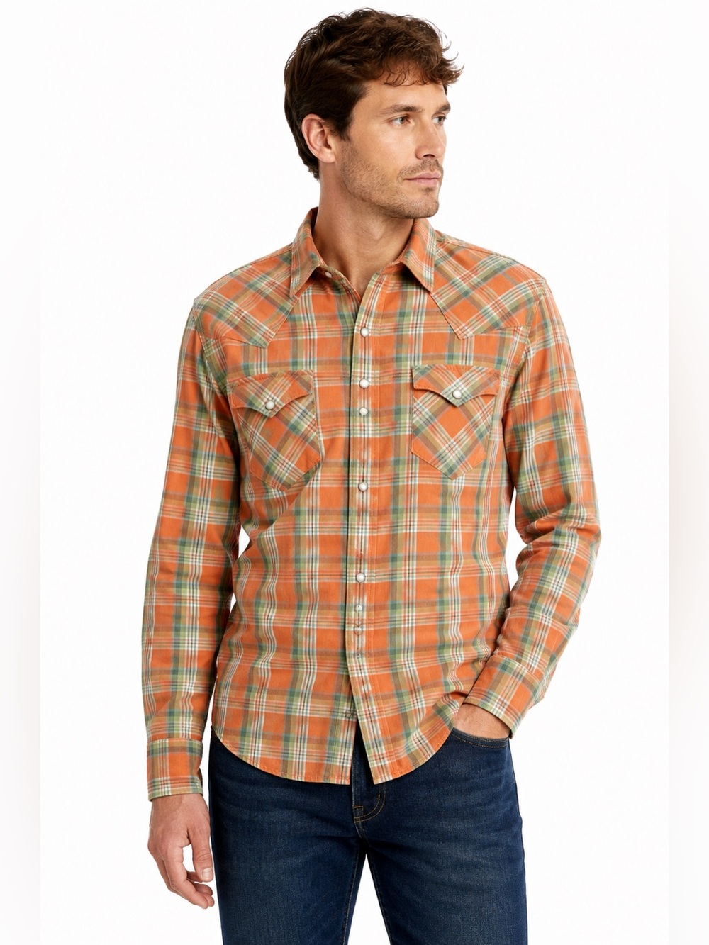 RRL Ralph Lauren Men’s S Western Plaid Pearl Snap Cotton Shirt Orange Green